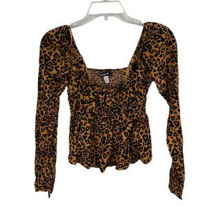 UO Urban Outfitters crop top Sz XS animal print brown black long sleeve smocked